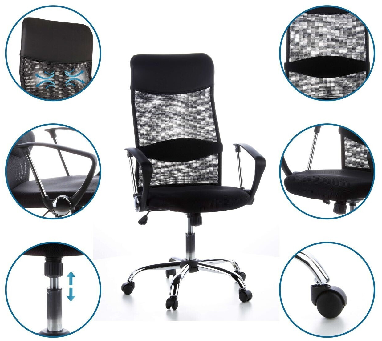 Skrifstofustóll í B-flokki, framkvæmdastjórnarstóll, skrifborðsstóll, Aria High, möskvaefni, gervileður, svartur