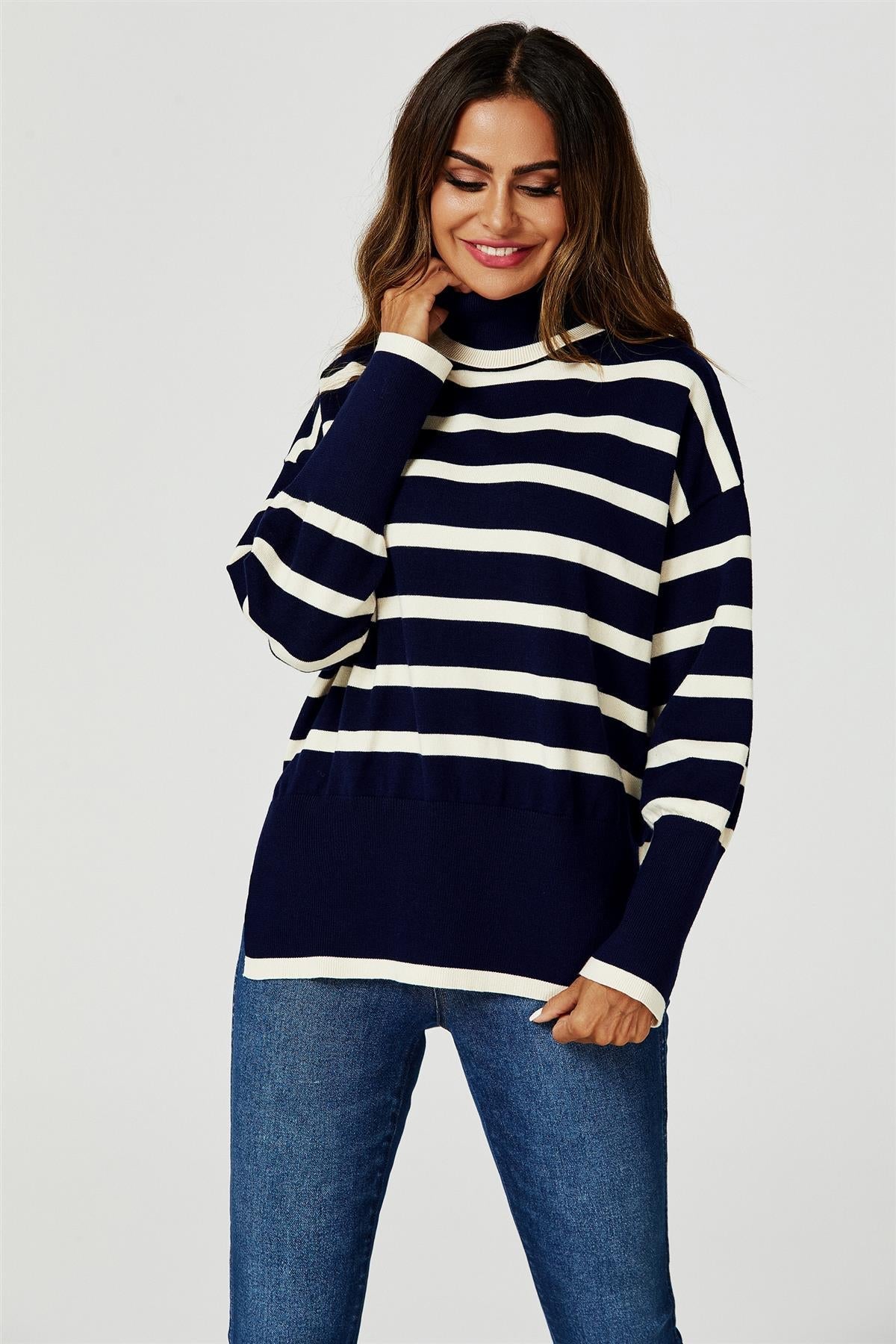 Stripes Pattern Turtleneck Jumper Top In Navy