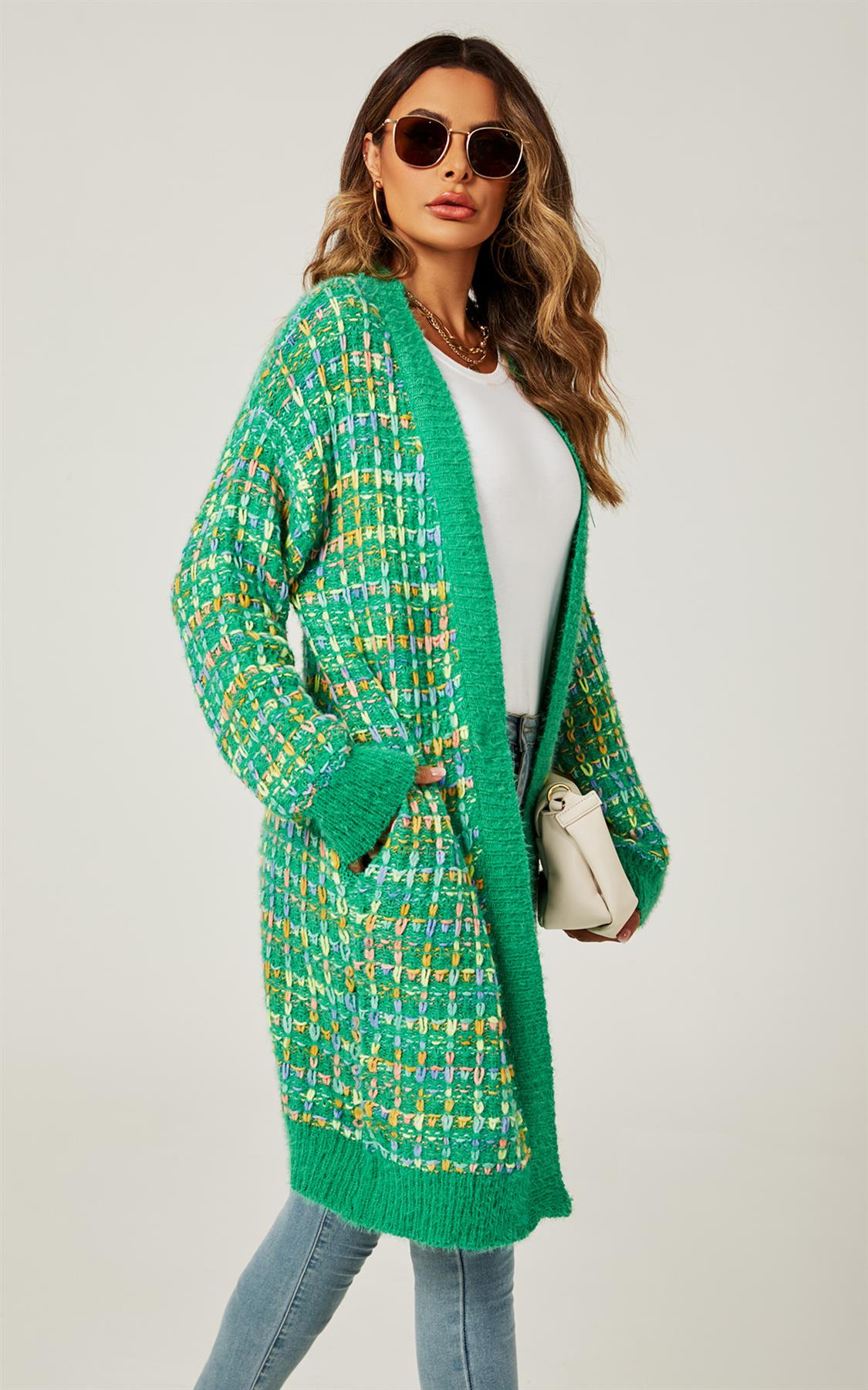 Green Boucle Check Cardigan In Rainbow Multicolour Speckles