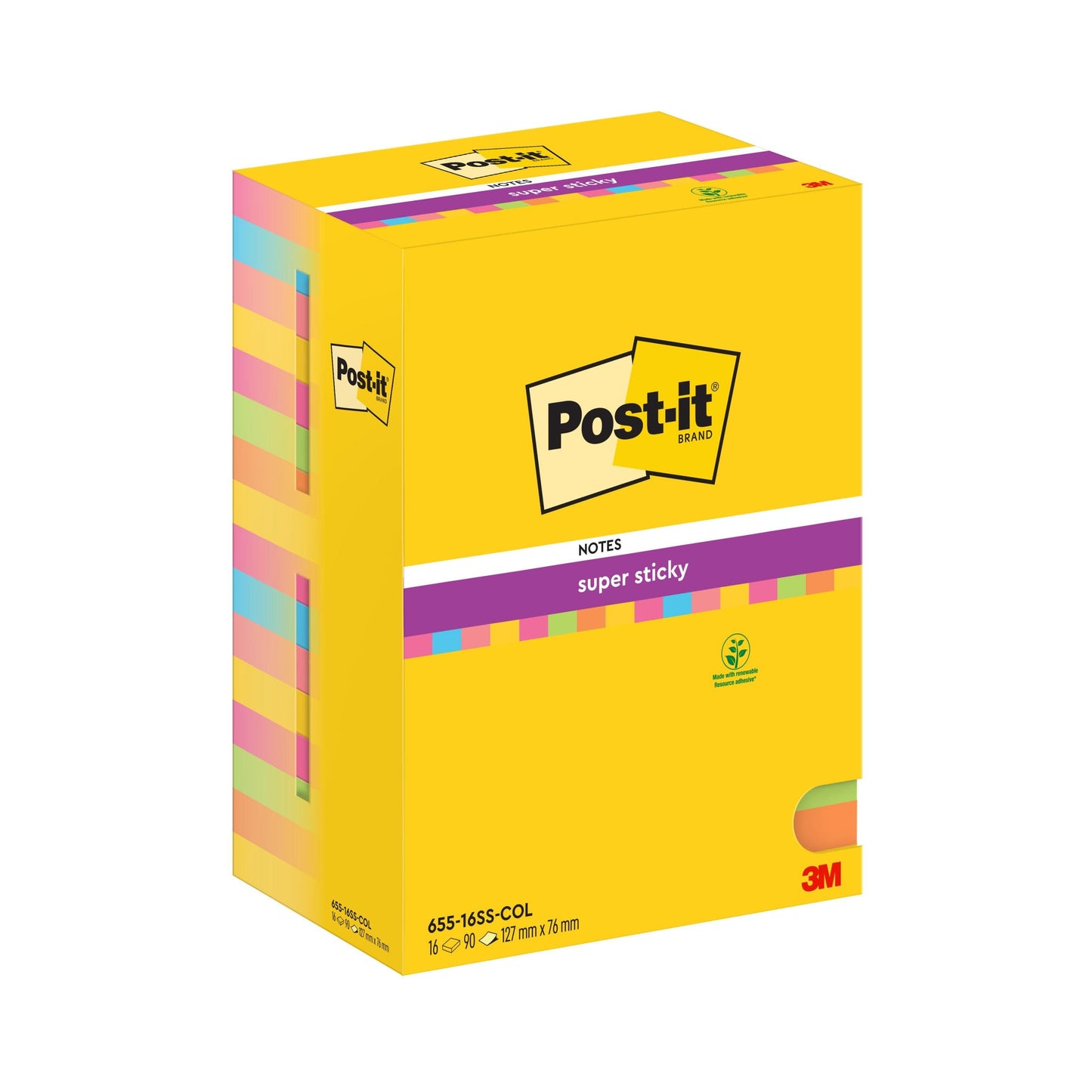 Post-it® Super Sticky Notes, Verschiedene Farben, 76 mm x 127 mm, 90 Blatt/Block, 16 Blöcke/Packung, 100% PEFC, SGSCH-PEFC-COC-110078  | Packung (1 Stück)