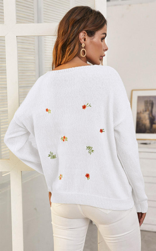Embroidery Floral V Neck Jumper In White