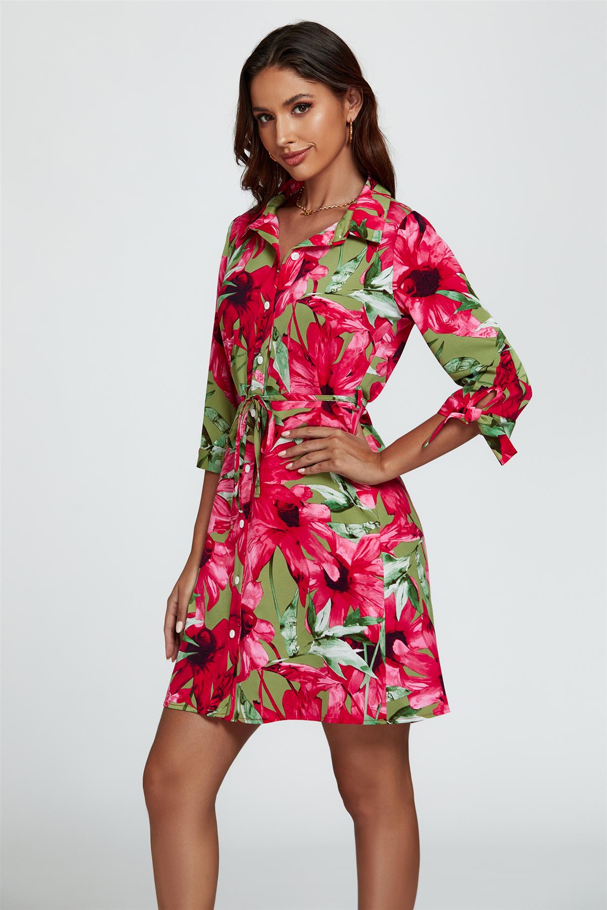 Floral Print Shirt Mini Dress In Red
