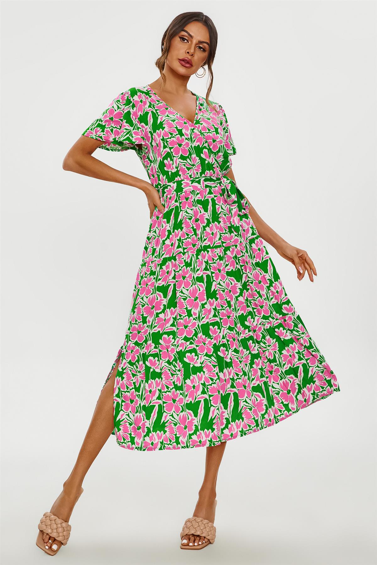 Pink Floral Print Hem Tiered Wrap Midi Dress In Green