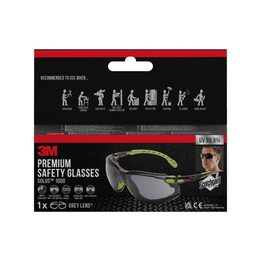 3M™ Solus™ Schutzbrille 1000, Scotchgard™ Protector Antibeschlag-Beschichtung, Grün/Schwarz mit aufsteckbarer Schaumstoffdichtung, graues Glas | Packung (1 Stück)