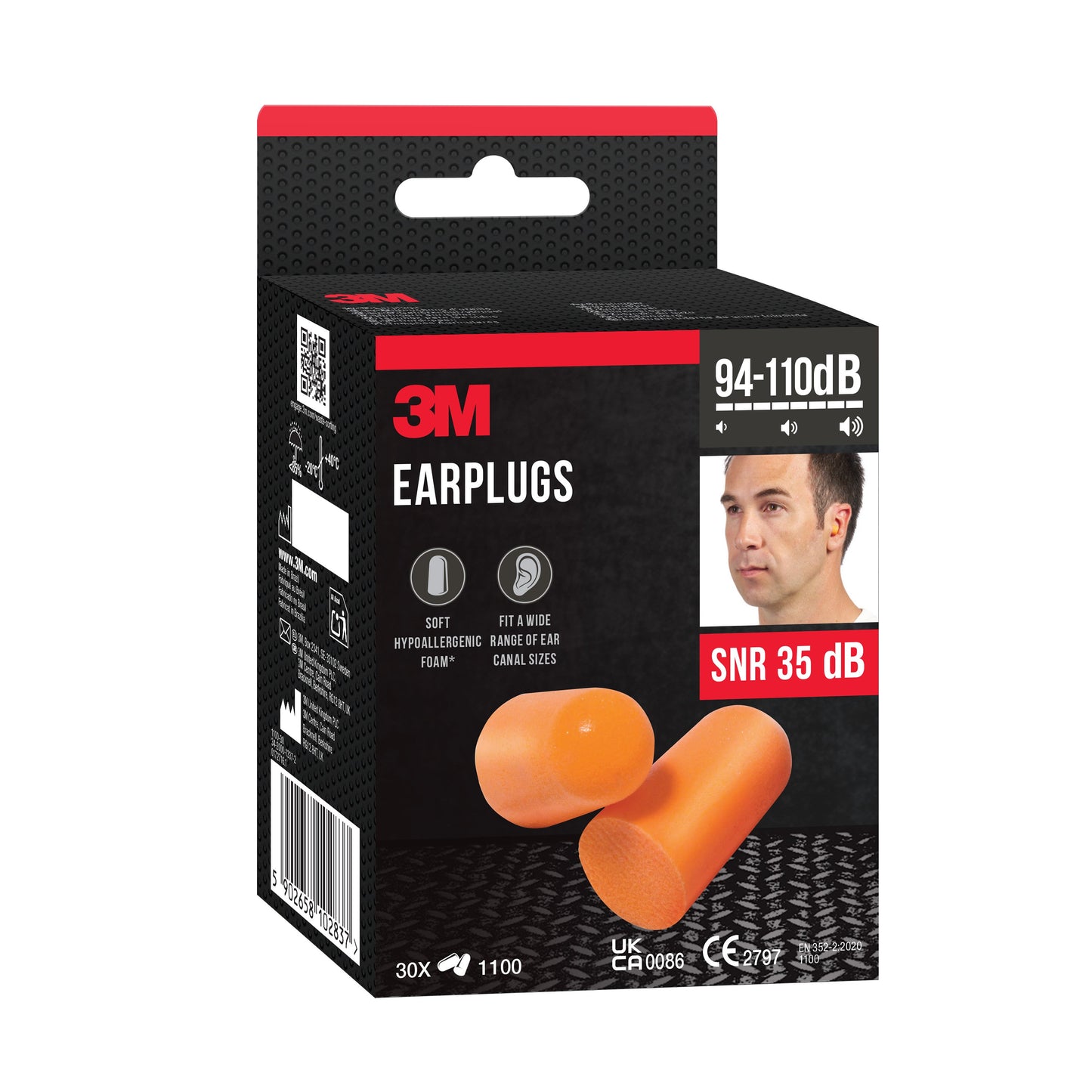 3M™ Gehörschutzstöpsel 1100, Weichschaum, SNR-Wert 35 dB, Orange