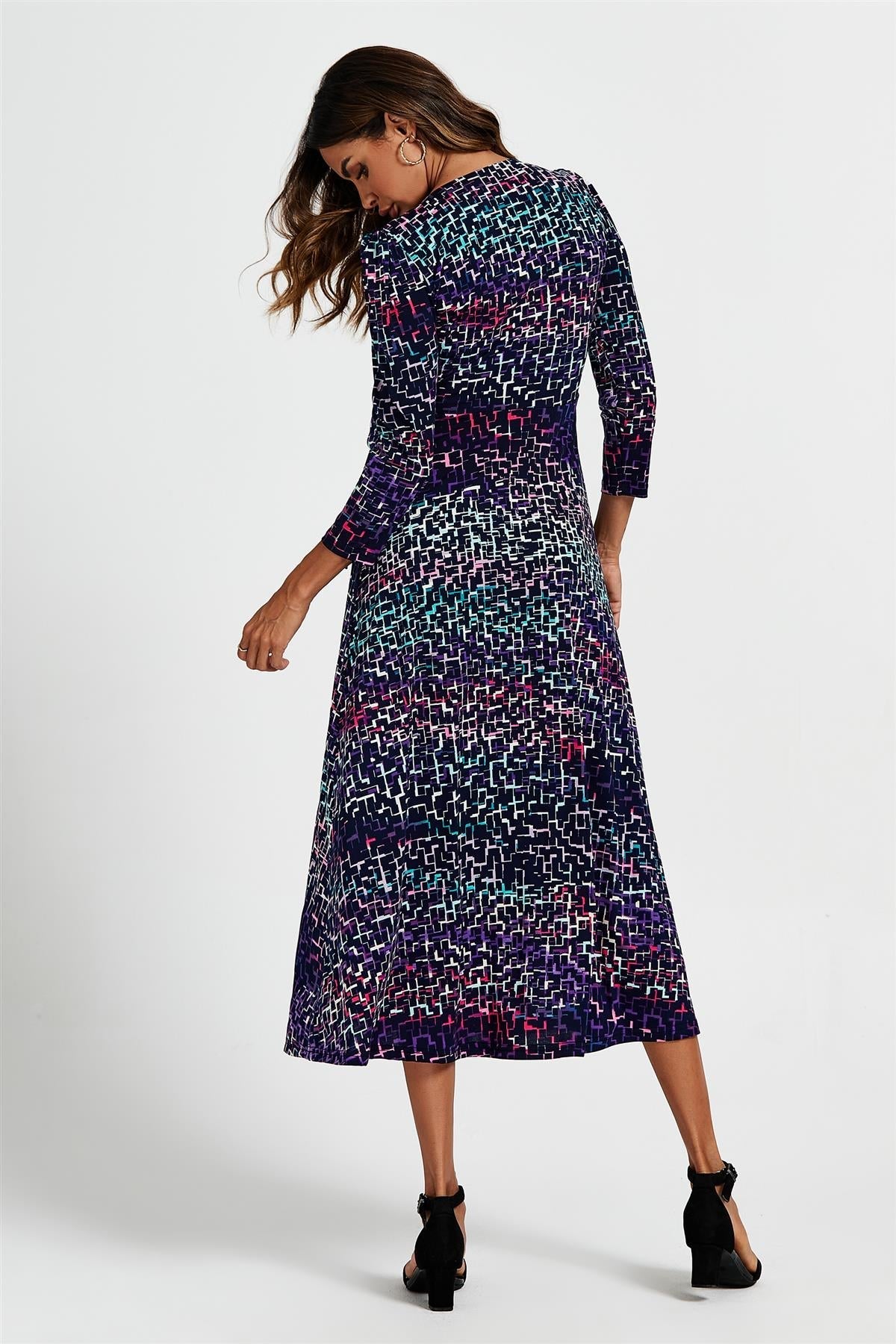 Geometric Print Wrap Top Midi Dress In Navy