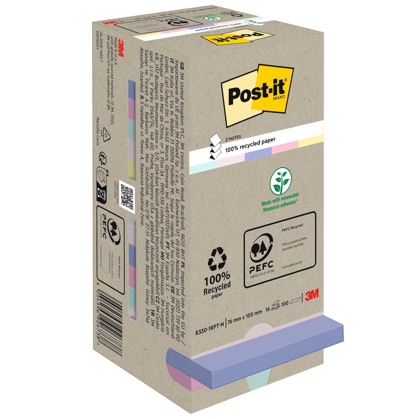 Post-it® Recycling Z-Notes, 76 mm x 76 mm, 100 Blatt/Block, 100% PEFC