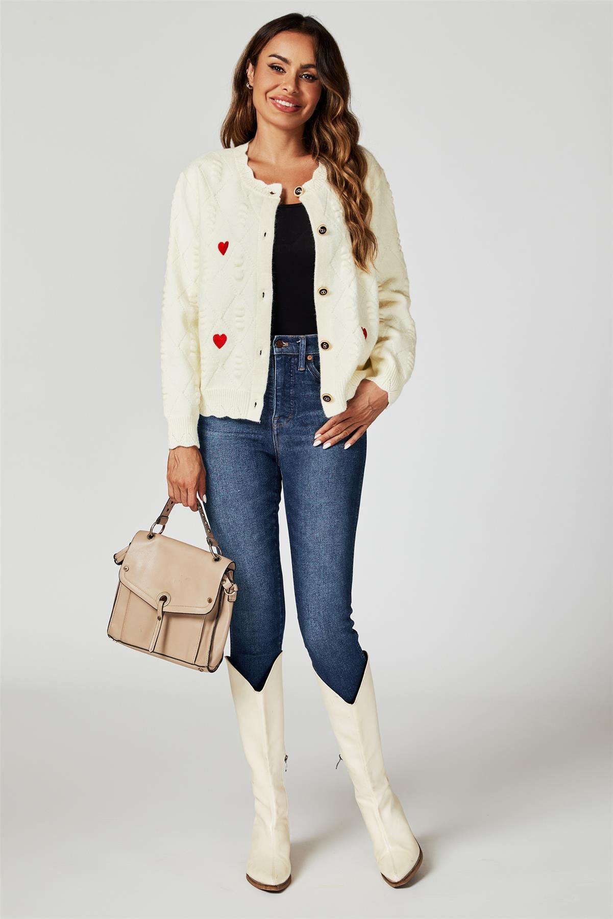 Heart Embroidered Knitted Cardigan In Cream