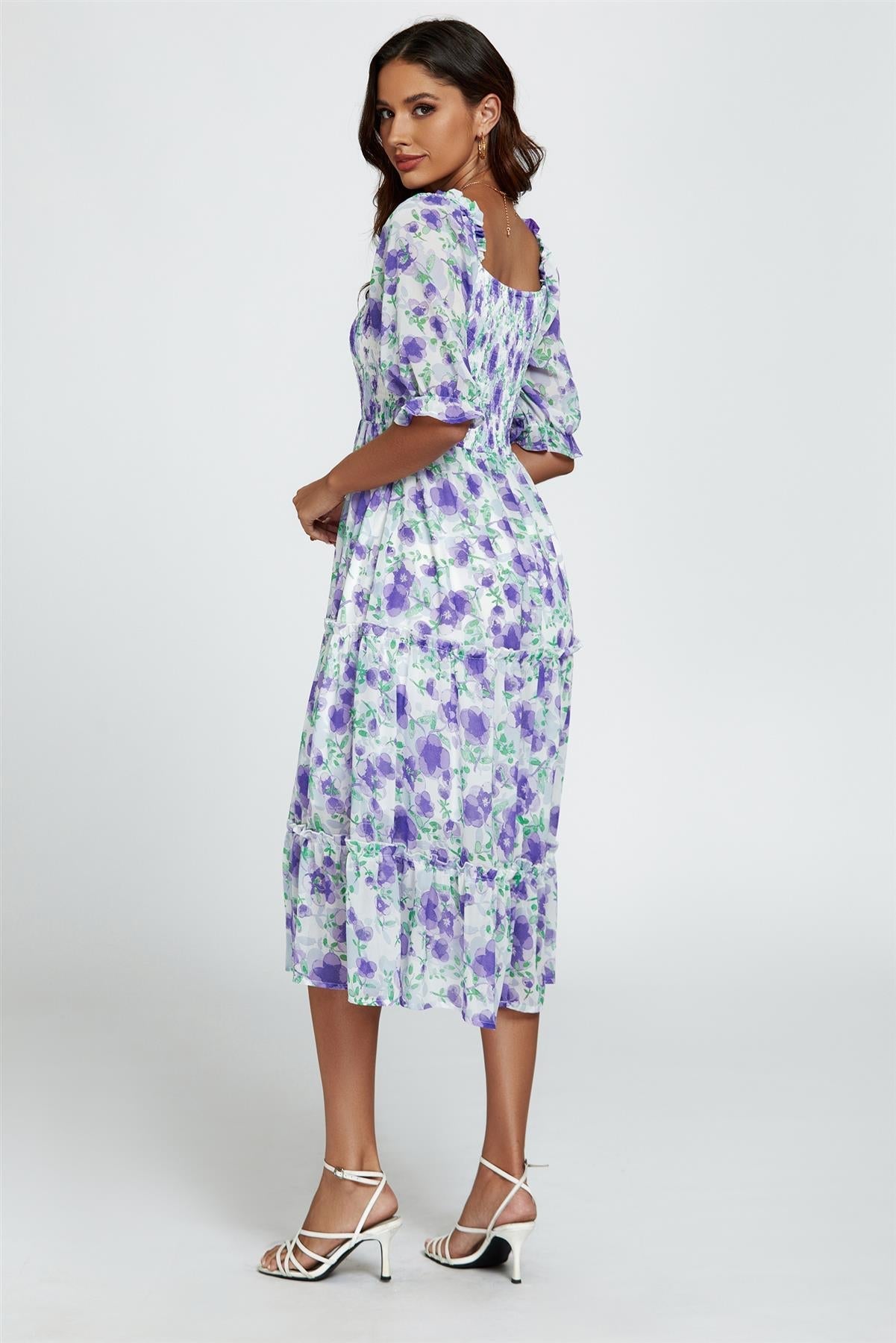 Floral Print Bardot Puff Sleeve Elasticated Detail Midi Dress In White