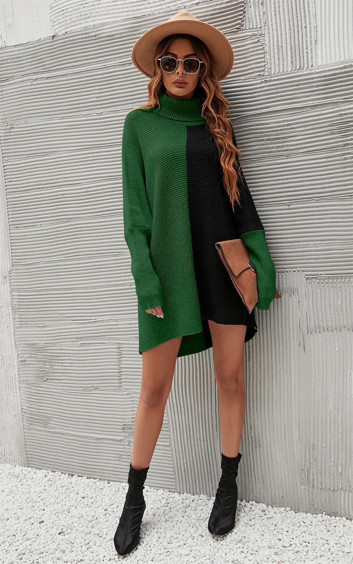 High Neck Half Forest Green &amp; Black Block Color Jumper Top