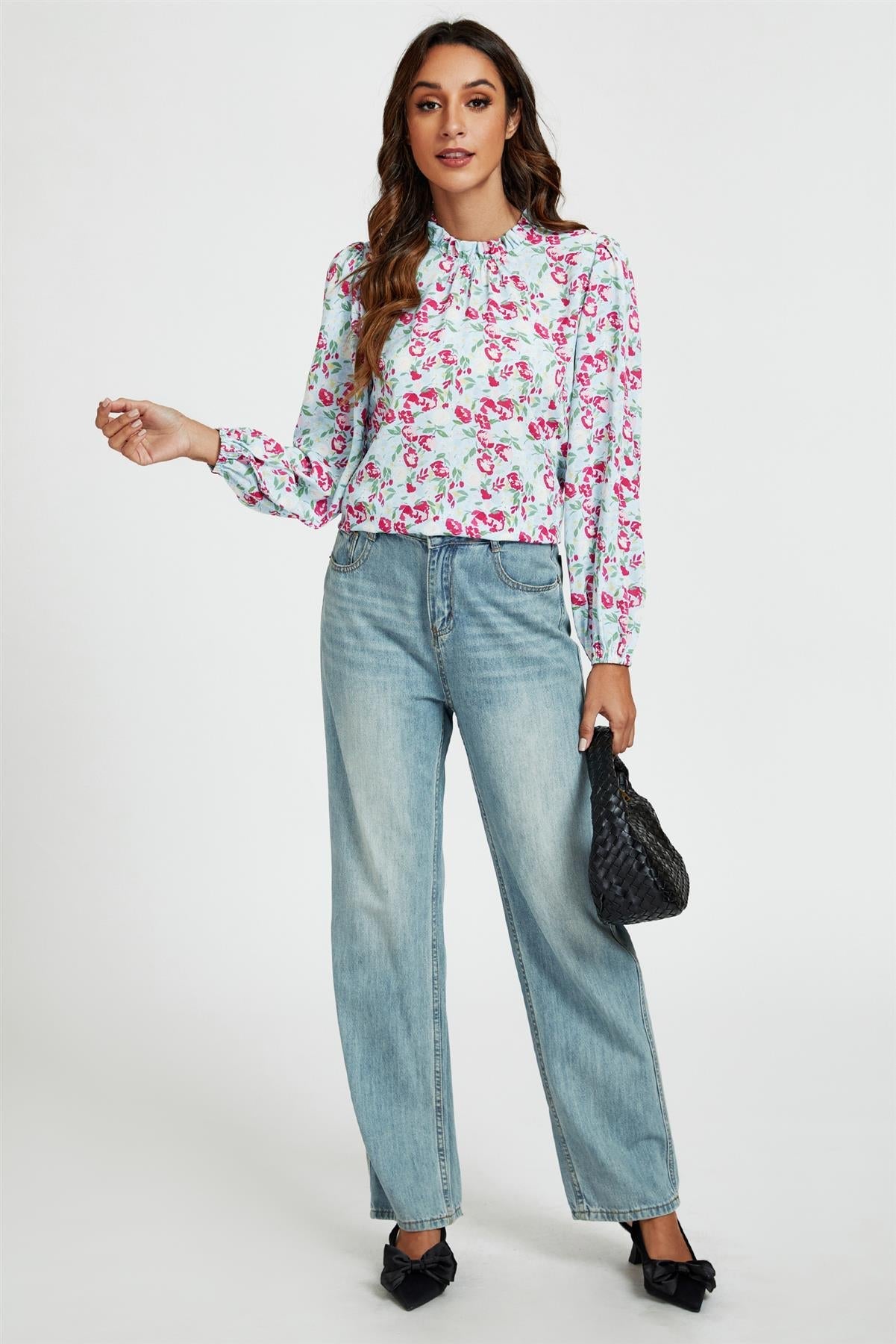 Floral Print Frill Detail High Neck Top In Blue &amp; Pink