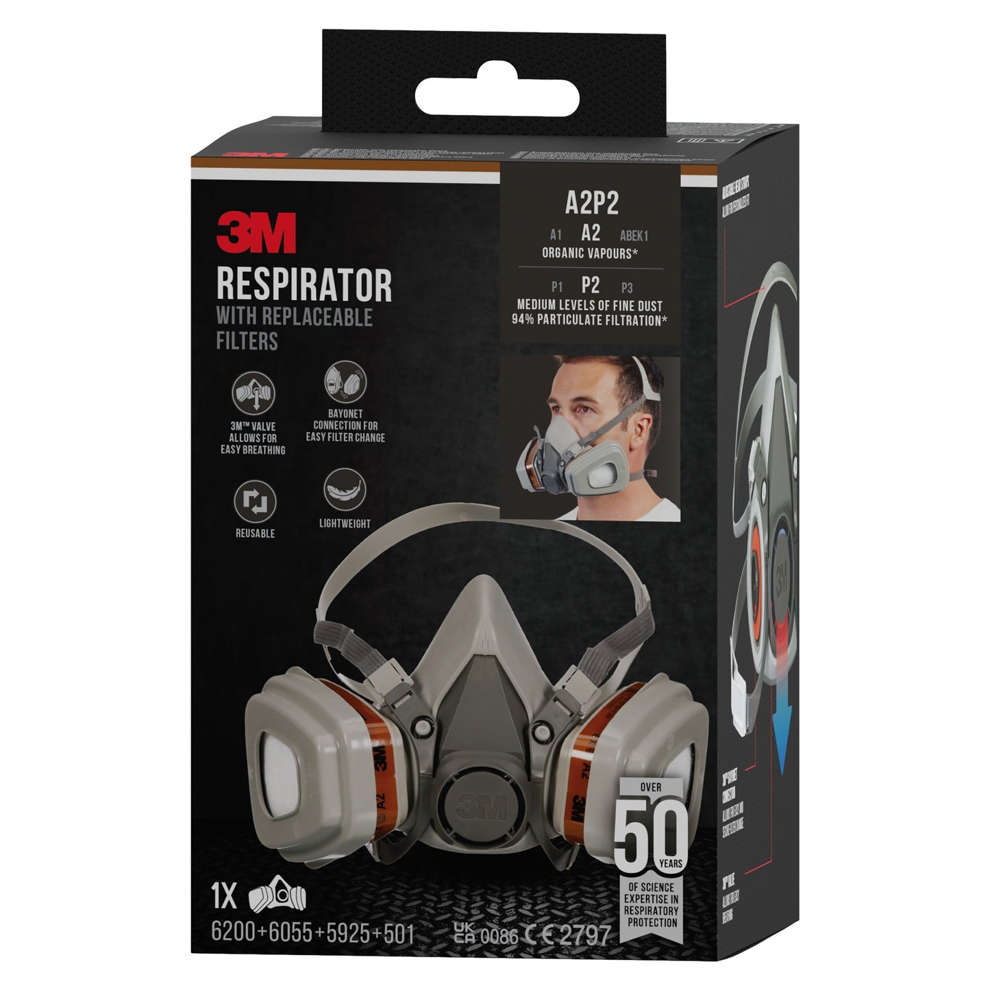 3M™ Atemschutzmaske 6002KIT-1 mit austauschbaren Filtern, A2P2 Organische Dämpfe (1x6200, 2x6055, 2x5925, 2x501) | Packung (1 Stück)