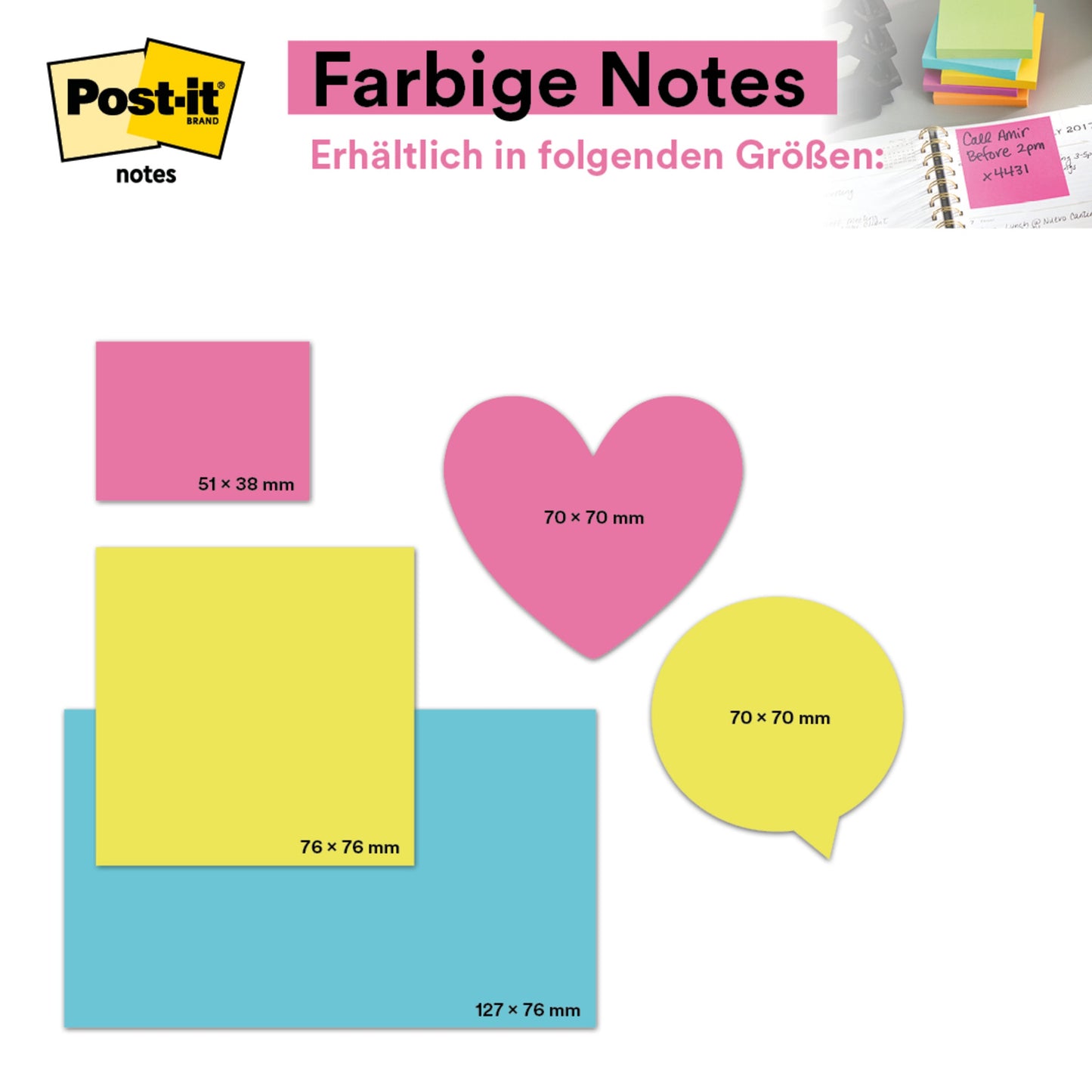 Post-it® Notes, Energetic Collection, 76 mm x 127 mm, 100 Blatt/Block, 6 Blöcke/Packung, 100% PEFC, SGSCH-PEFC-COC-110078  | Packung (1 Set)
