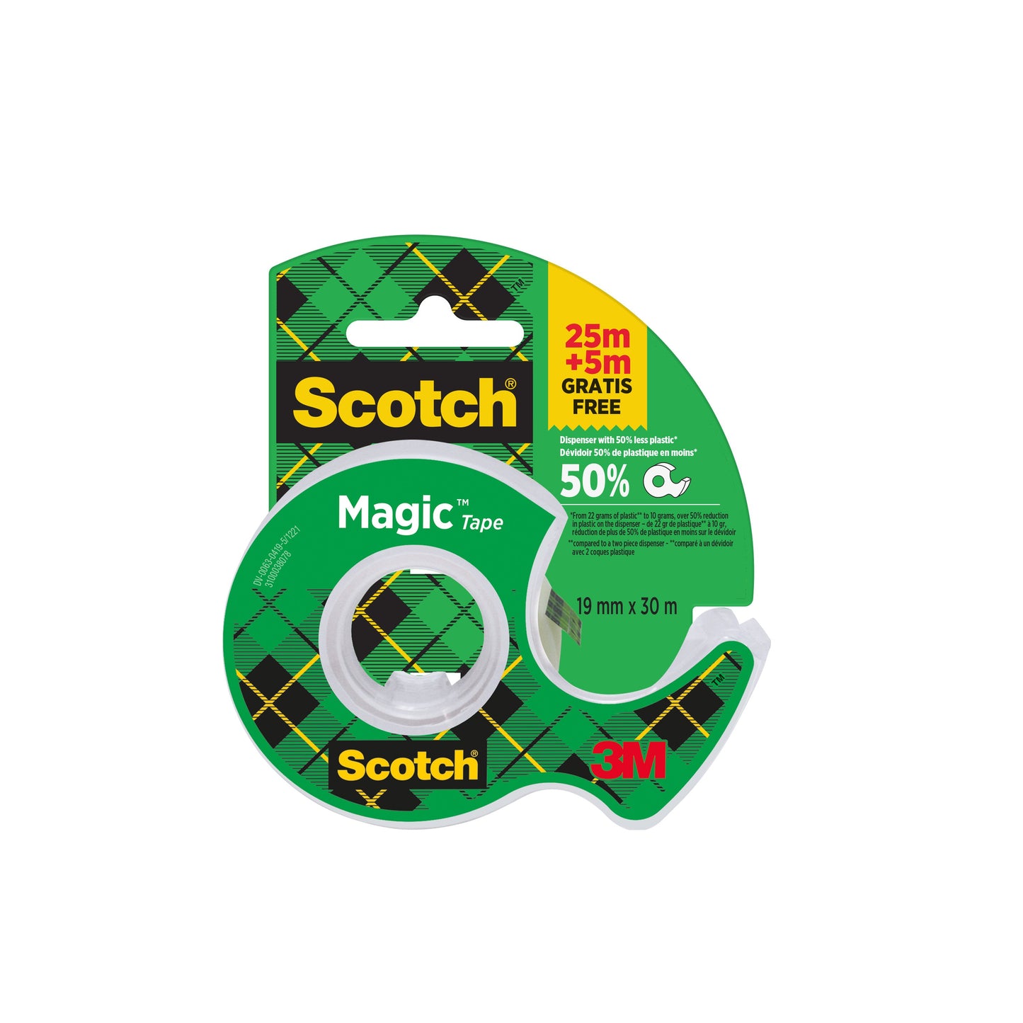 Scotch® Magic™ Unsichtbares Klebeband, 19 mm x 25 mm, 1 Rolle auf Handabroller/Packung + 5 m GRATIS | Packung (1 Rolle)