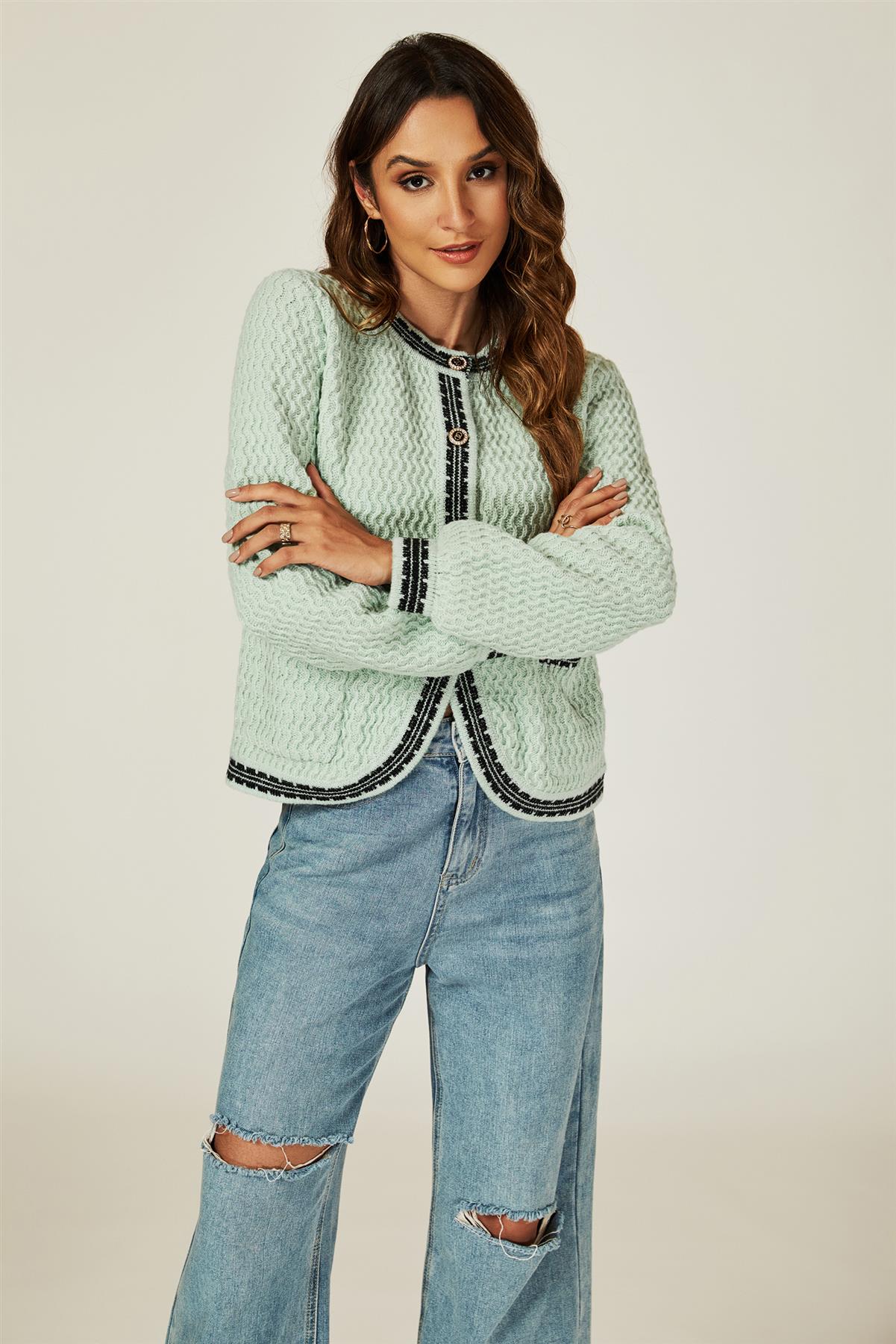 Pocket Knit Cardigan In Gray Green