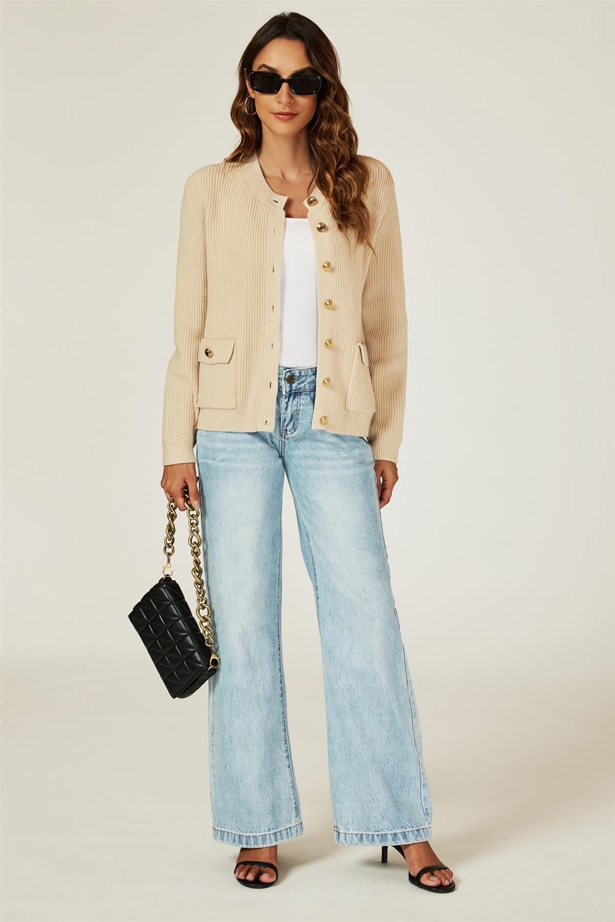 Pocket Details Knitted Cardigan In Camel