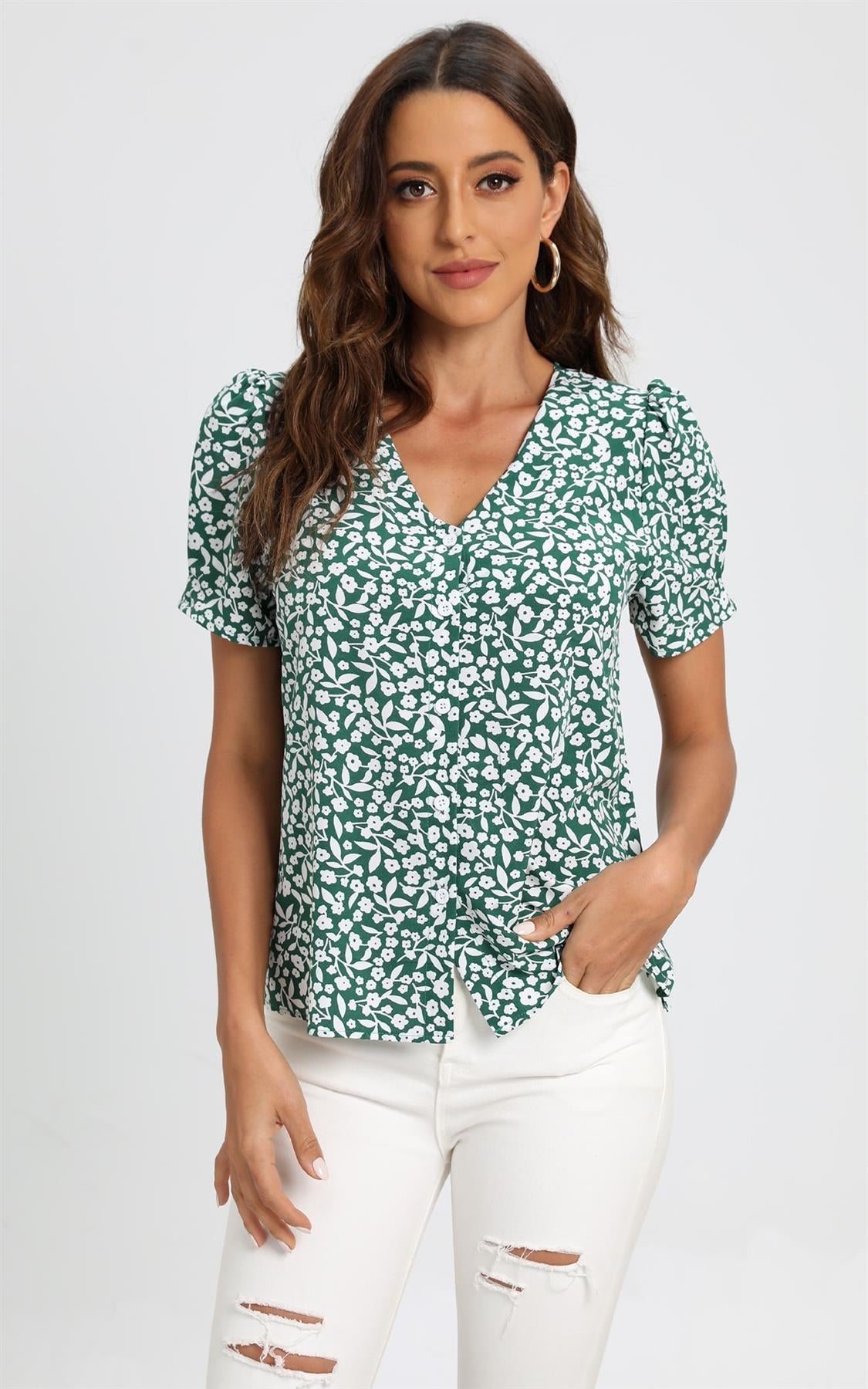 Short Sleeve Buttoned Blouse Top In Green & White Flora  Print