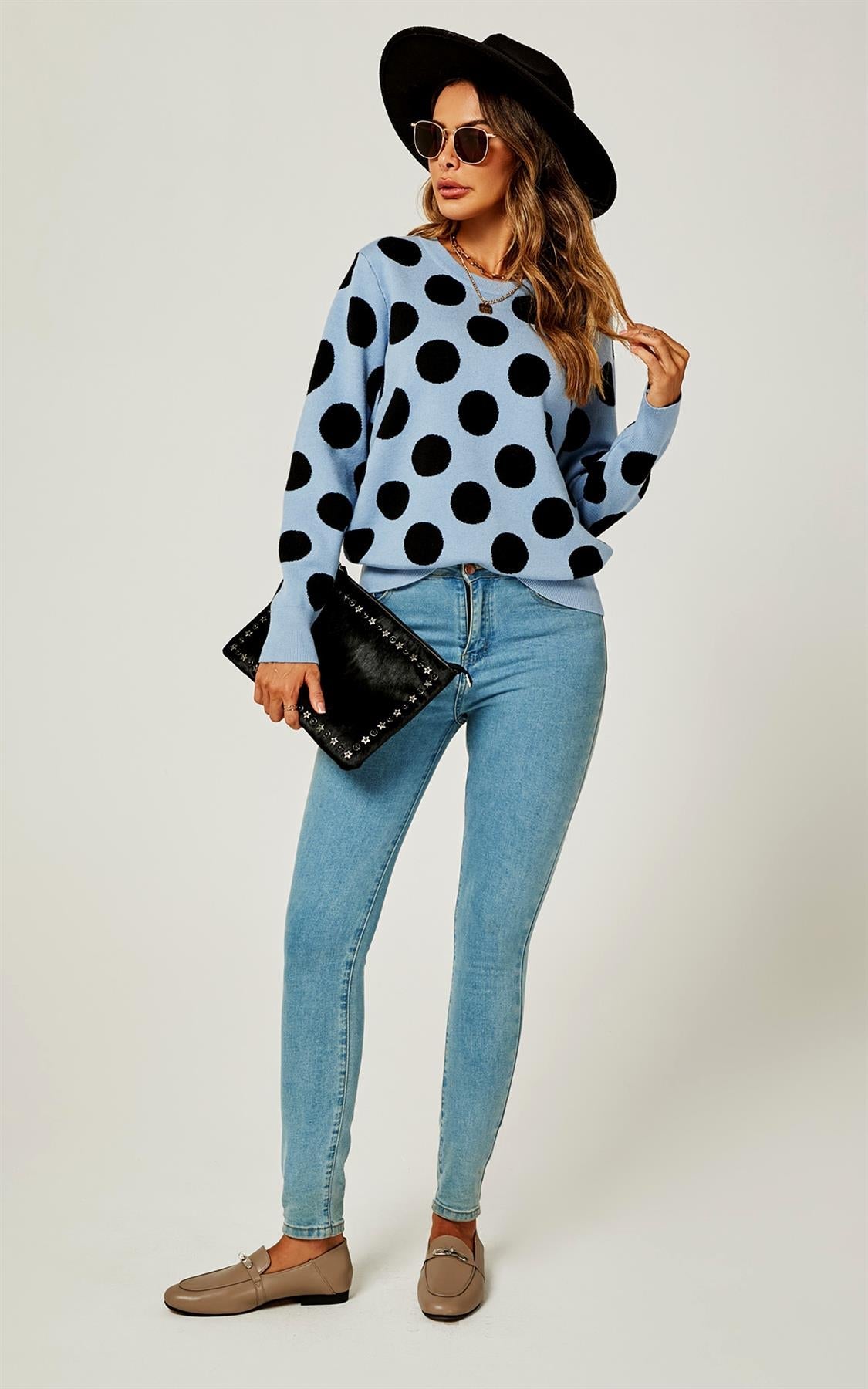 Comfy Knit Black Polka Dot Pattern Jumper Top In Blue