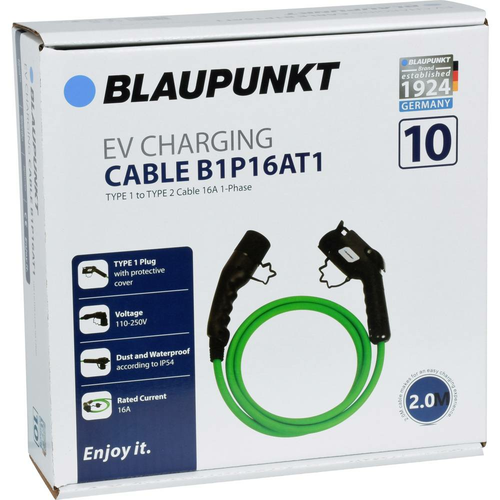 Hleðslusnúra frá Blaupunkt E Mobility, 2 m, fyrir rafbíl, gerð 1, 16 A, einfasa.
