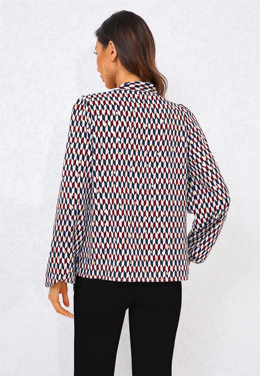 Geo Print Side Tie Blouse Top In Wine