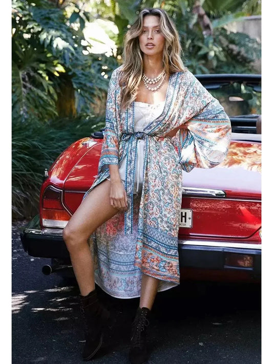 Relaxed Cotton Kimono In Blue Floral