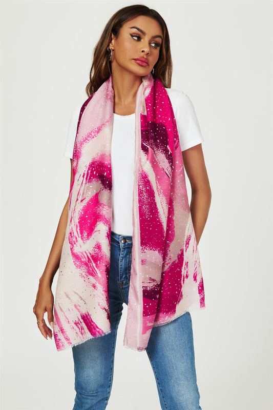 Gold Foil Abstract Brush Print Fringed edges Scarf In Pink