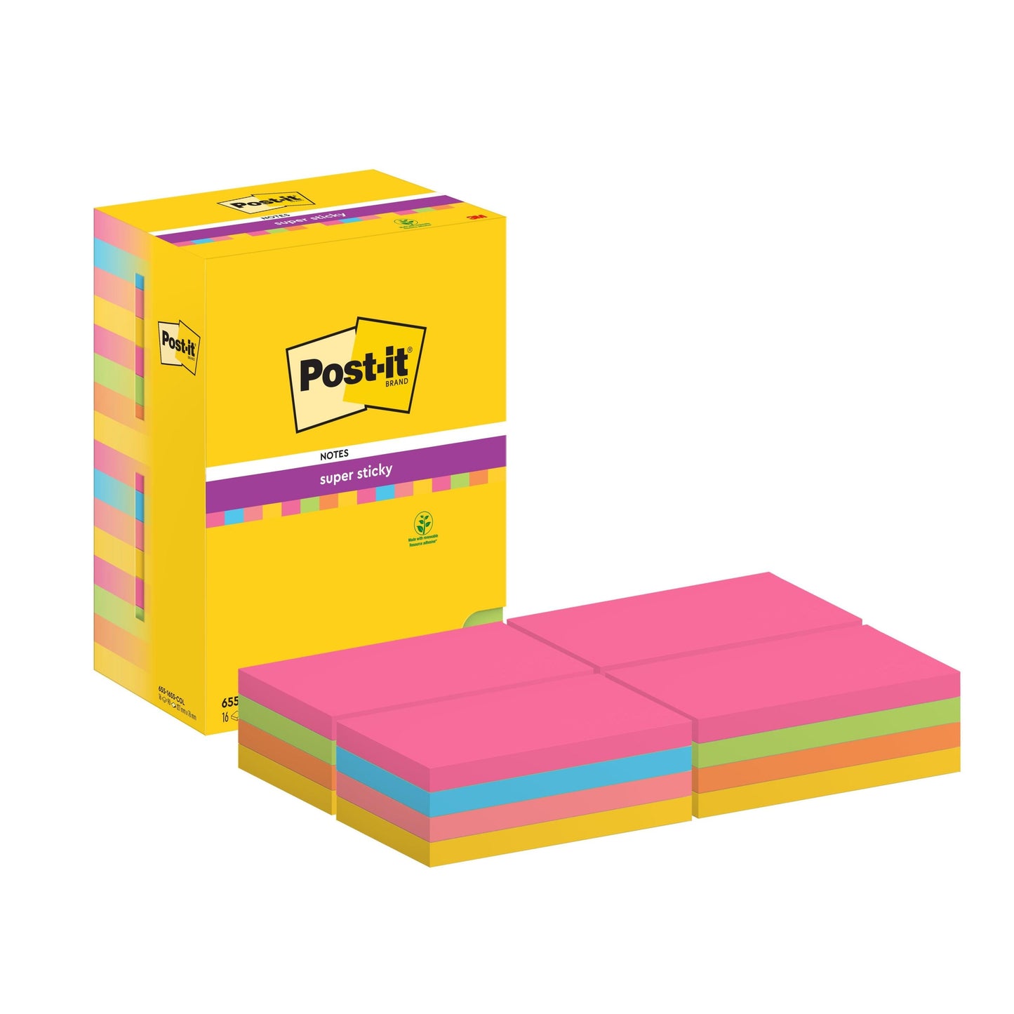 Post-it® Super Sticky Notes, Verschiedene Farben, 76 mm x 127 mm, 90 Blatt/Block, 16 Blöcke/Packung, 100% PEFC, SGSCH-PEFC-COC-110078  | Packung (1 Stück)