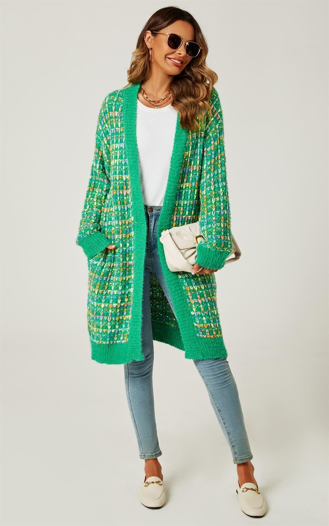 Green Boucle Check Cardigan In Rainbow Multicolour Speckles