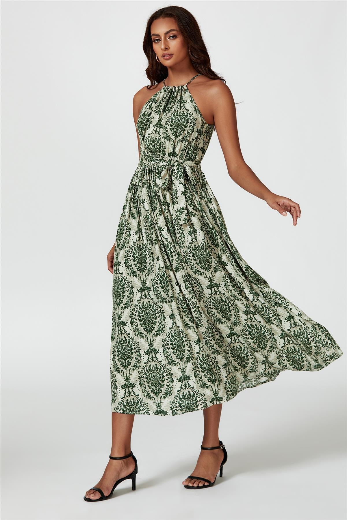 Green &amp; Beige Floral Print Tie Halterneck Maxi Dress