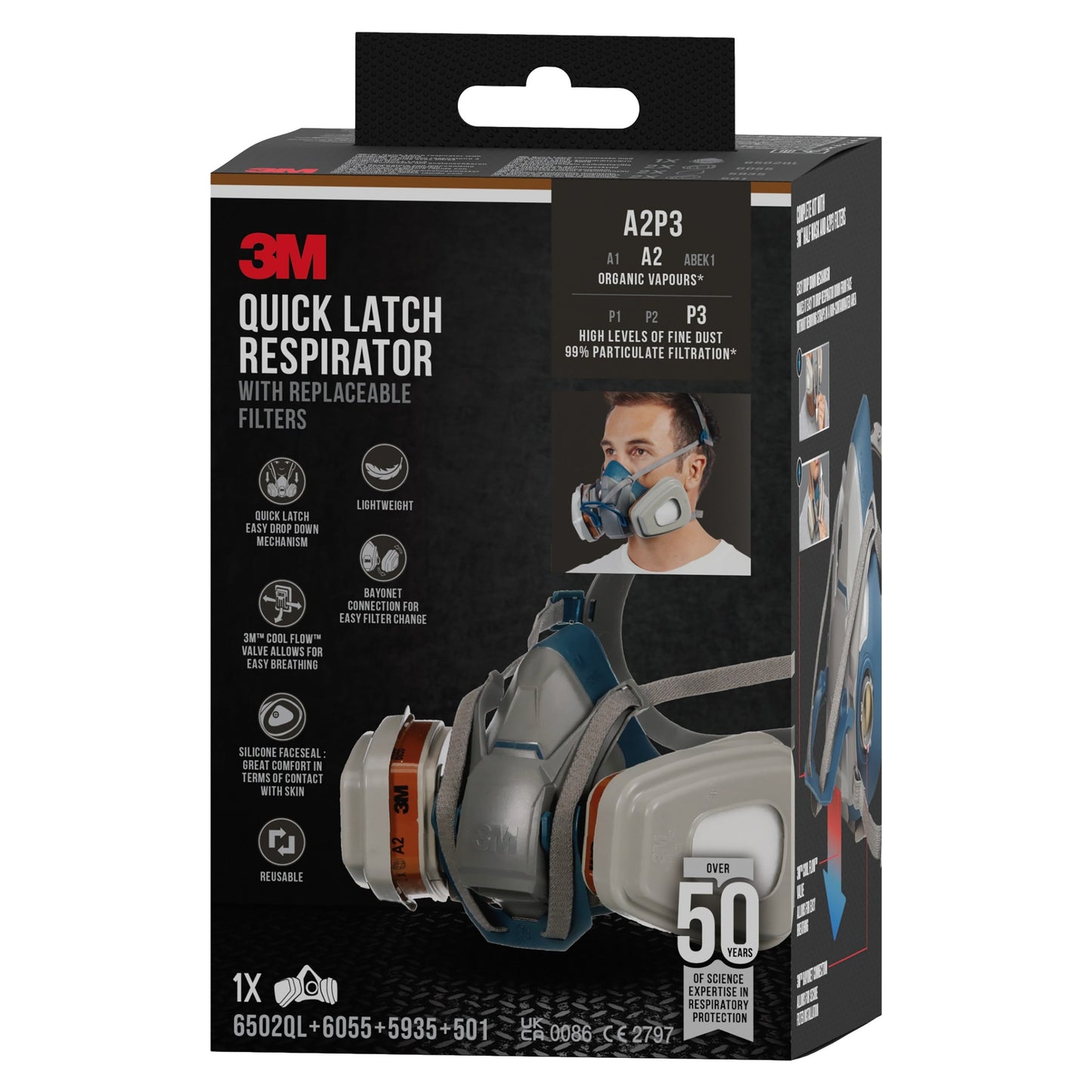 3M™ Quick Latch-Atemschutzmaske 6502QLKIT-1 mit austauschbaren Filtern, A2P3 organische Dämpfe (1x6502, 2x6055, 2x5935, 2x501) | Packung (1 Stück)
