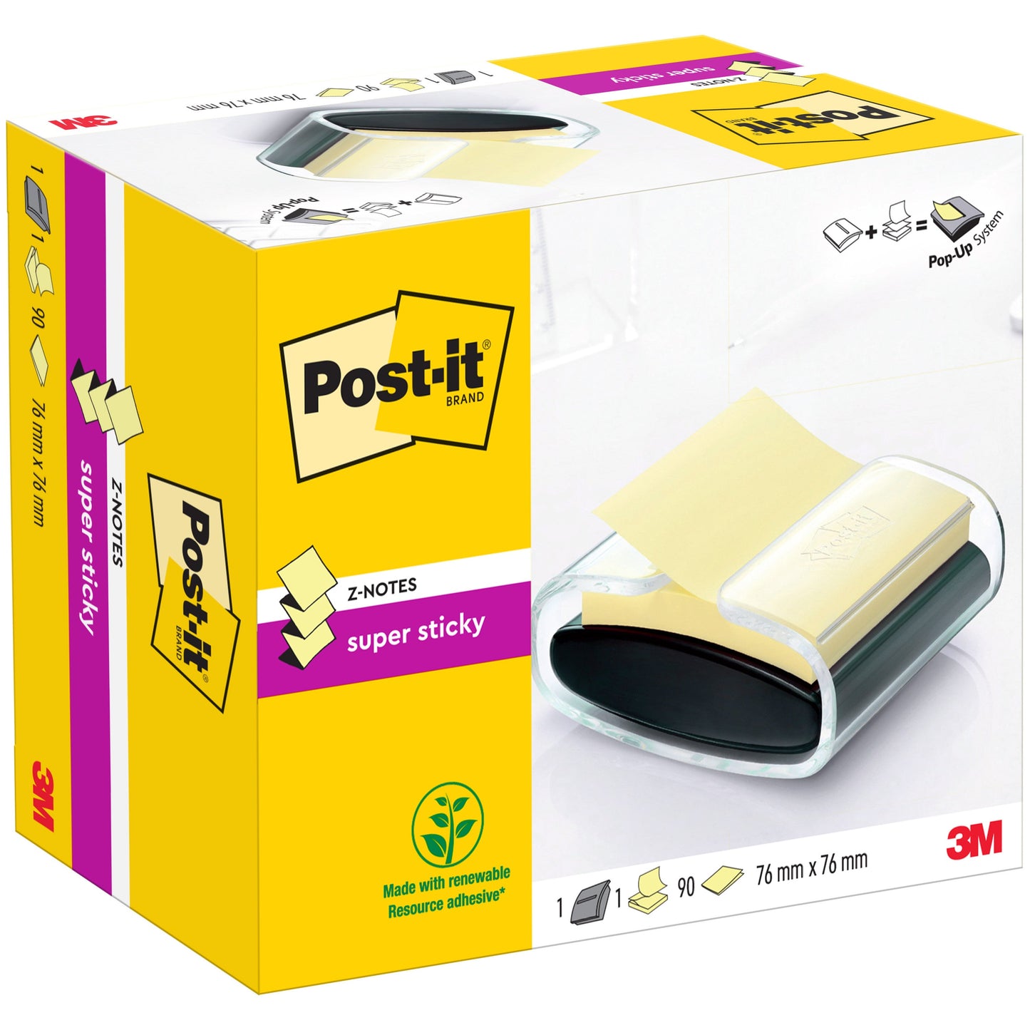 Post-it® Z-Notes Dispenser, PRO, Schwarz + Post-it® Super Sticky Z-Notes, Gelb, 76 mm x 76 mm, 90 Blatt/Block