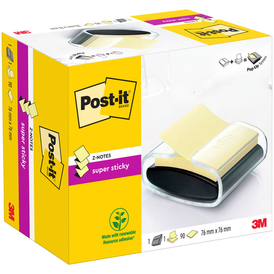Post-it® Z-Notes Dispenser, PRO, Schwarz + Post-it® Super Sticky Z-Notes, Gelb, 76 mm x 76 mm, 90 Blatt/Block