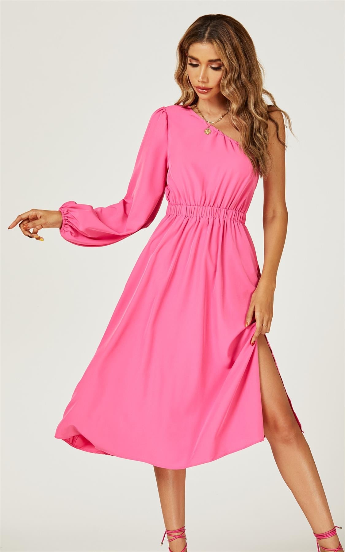 One Shoulder Split Leg Midi Dress In Fuchsia Print