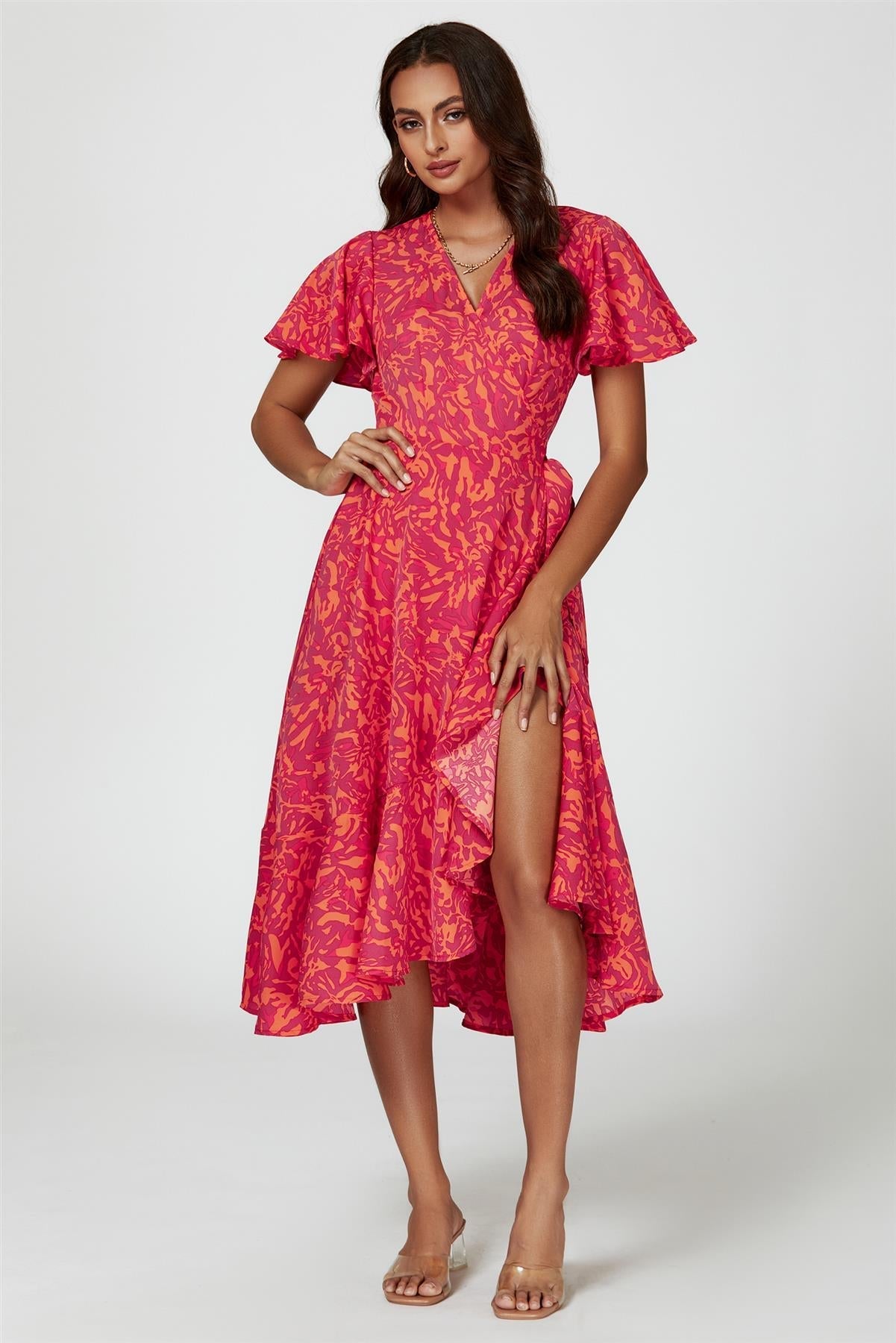 Abstract Print Midi Wrap Dress In Fuchsia