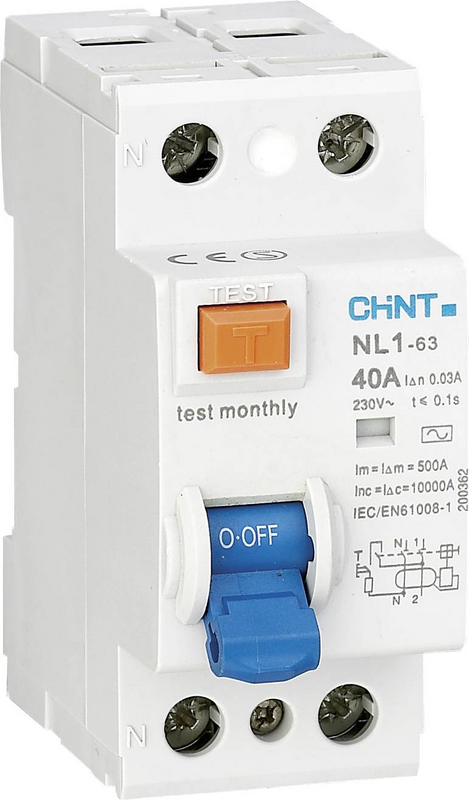 B-flokks Chint 200362 lekastraumsrofi, 2-póla, 40 A, RCD/MCB rofi 