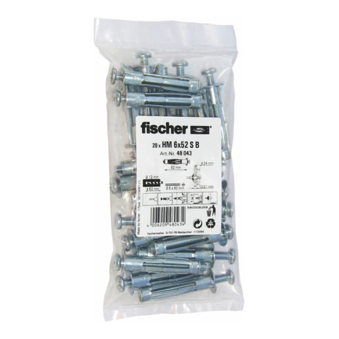 B-grade Fischer cavity metal anchors, dowels, 6x52 mm, SB 20 metal fastening set