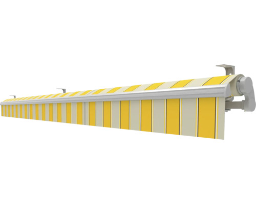 Samanbrjótanleg markísa í B-flokki, sólskyggni 5x3, gult/grátt efni í litnum lótusáferð RAL 9006