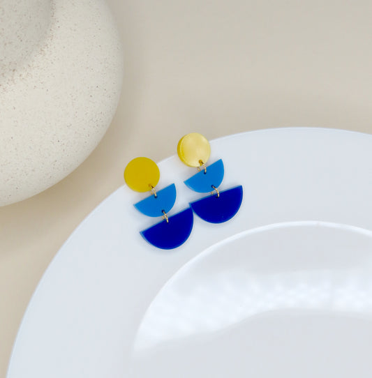 Blau Gelbe Halbkreis Statement Ohrringe