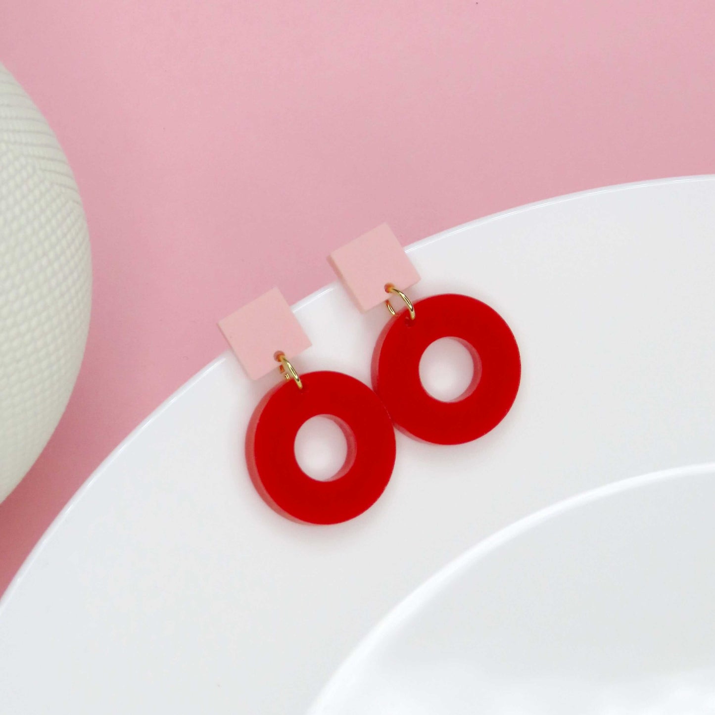 Square Circle Ohrstecker in Rosa & Rot