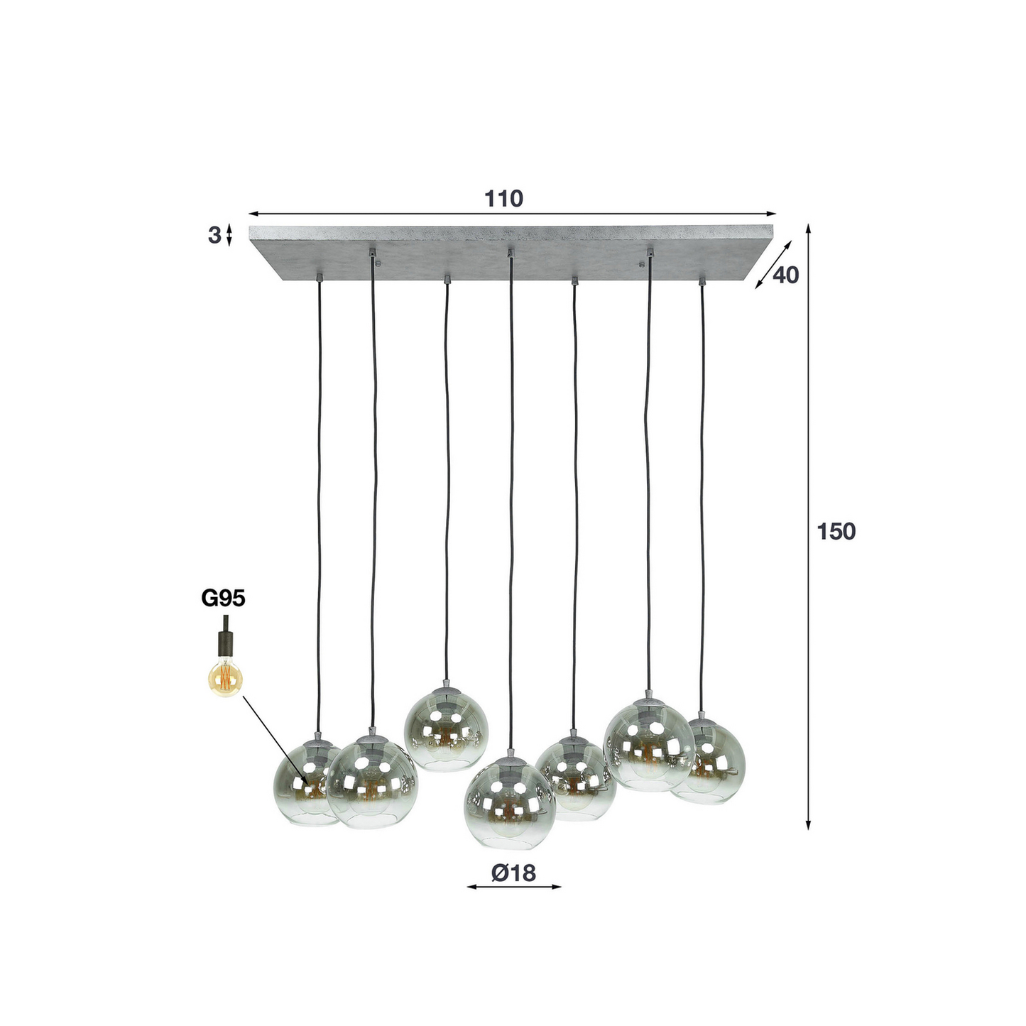 B-flokks Alessandra hengilampi, loftlampi, glerskjáir, sjö ljós