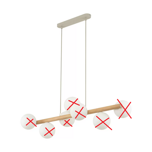 Estera hengiljós í B-flokki, ópalgler, viður, sjö ljósa loftlampi. Sjá texta/mynd.