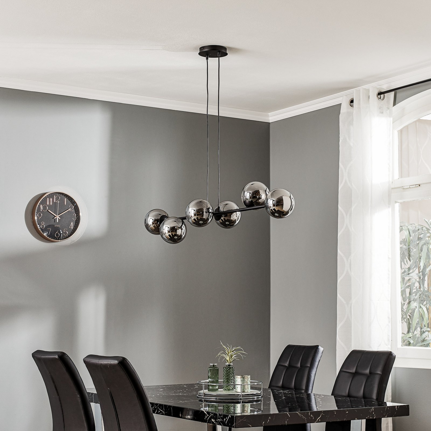 B-flokks Glassy hengiljós, 6 ljós, svart grafítgler, 110 cm loftlampi, kastari