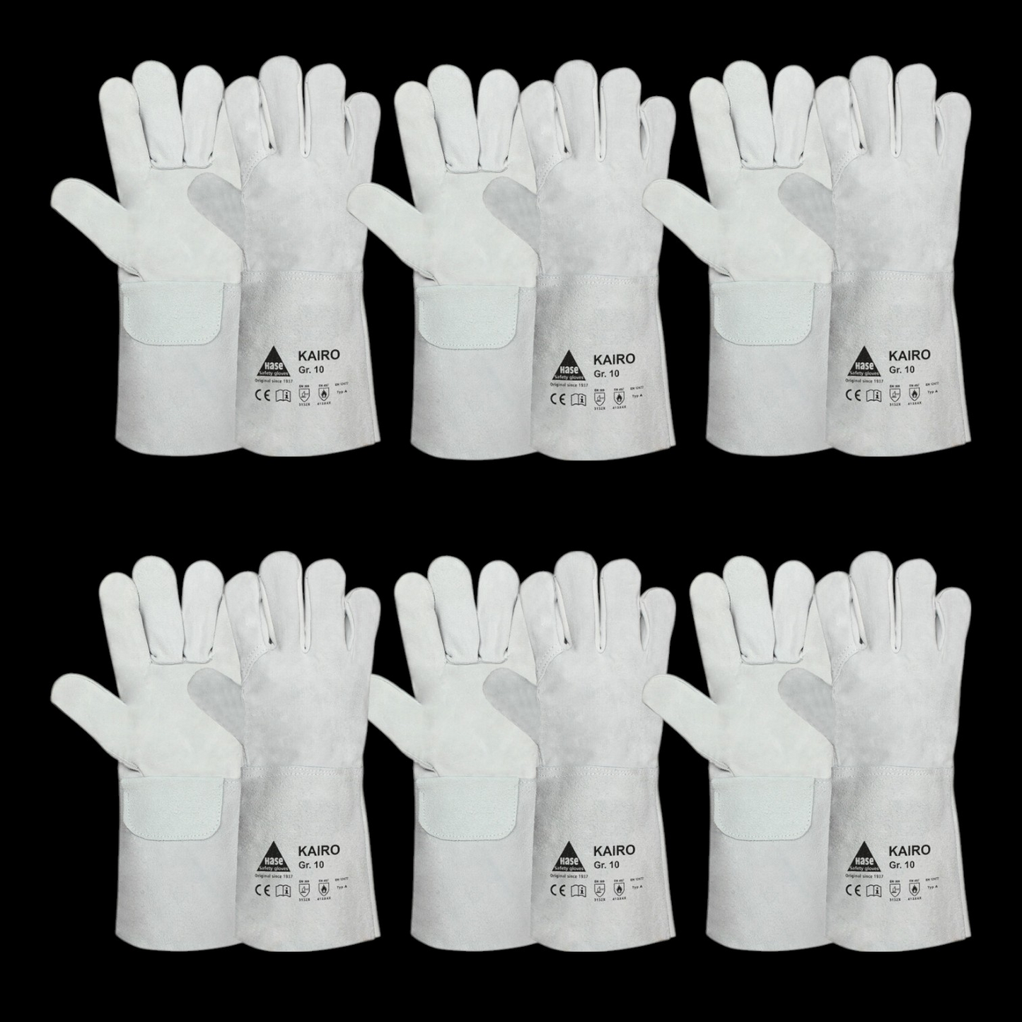B-flokks Hase Kairo suðuhanskar, vinnuhanskar, klofinn kúaleður, stærð 9, 6 sett