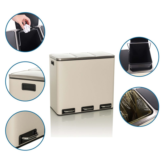 B-flokks Hjh skrifstofusorphirða, sorpflokkunarkerfi Clean Ix 54 L 3x18 L pedaltunna, ljósbrún