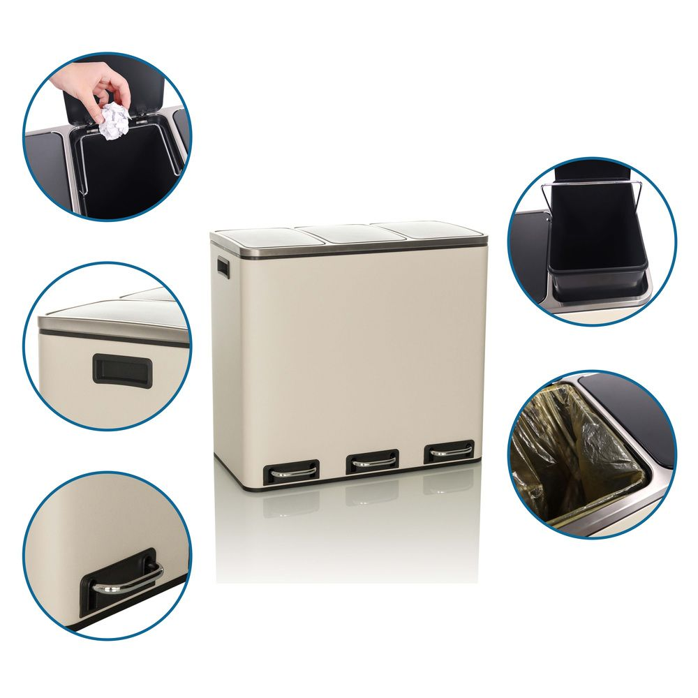 B-flokks Hjh skrifstofusorphirða, sorpflokkunarkerfi Clean Ix 54 L 3x18 L pedaltunna, ljósbrún 