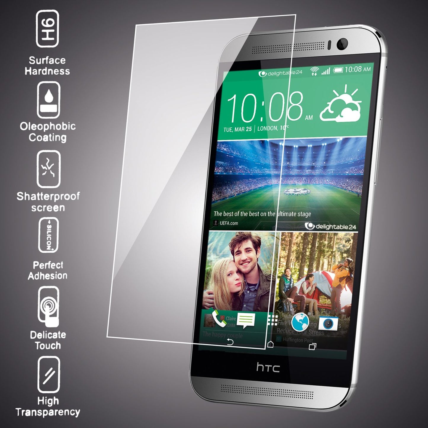 NALIA skjávörn fyrir HTC One M8, 9H skjávörn úr hertu gleri sem er alveg hulin.