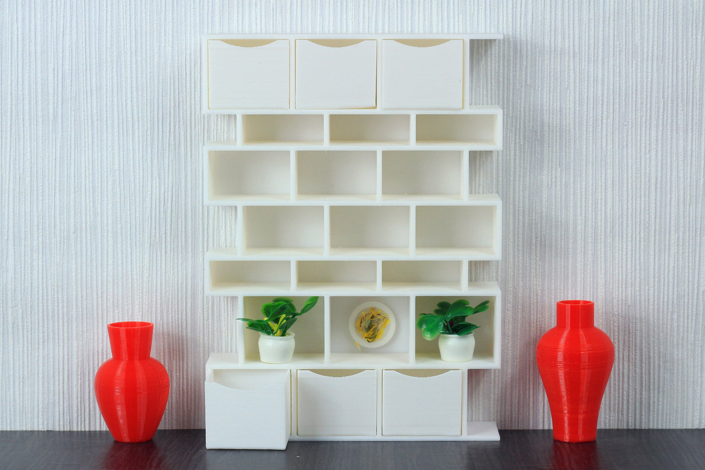 Modern Zig Zag Bookshelf | 1:12, 18 & 24 Scale Dollhouse Furniture | 3D Printed Miniature with Storage Boxes