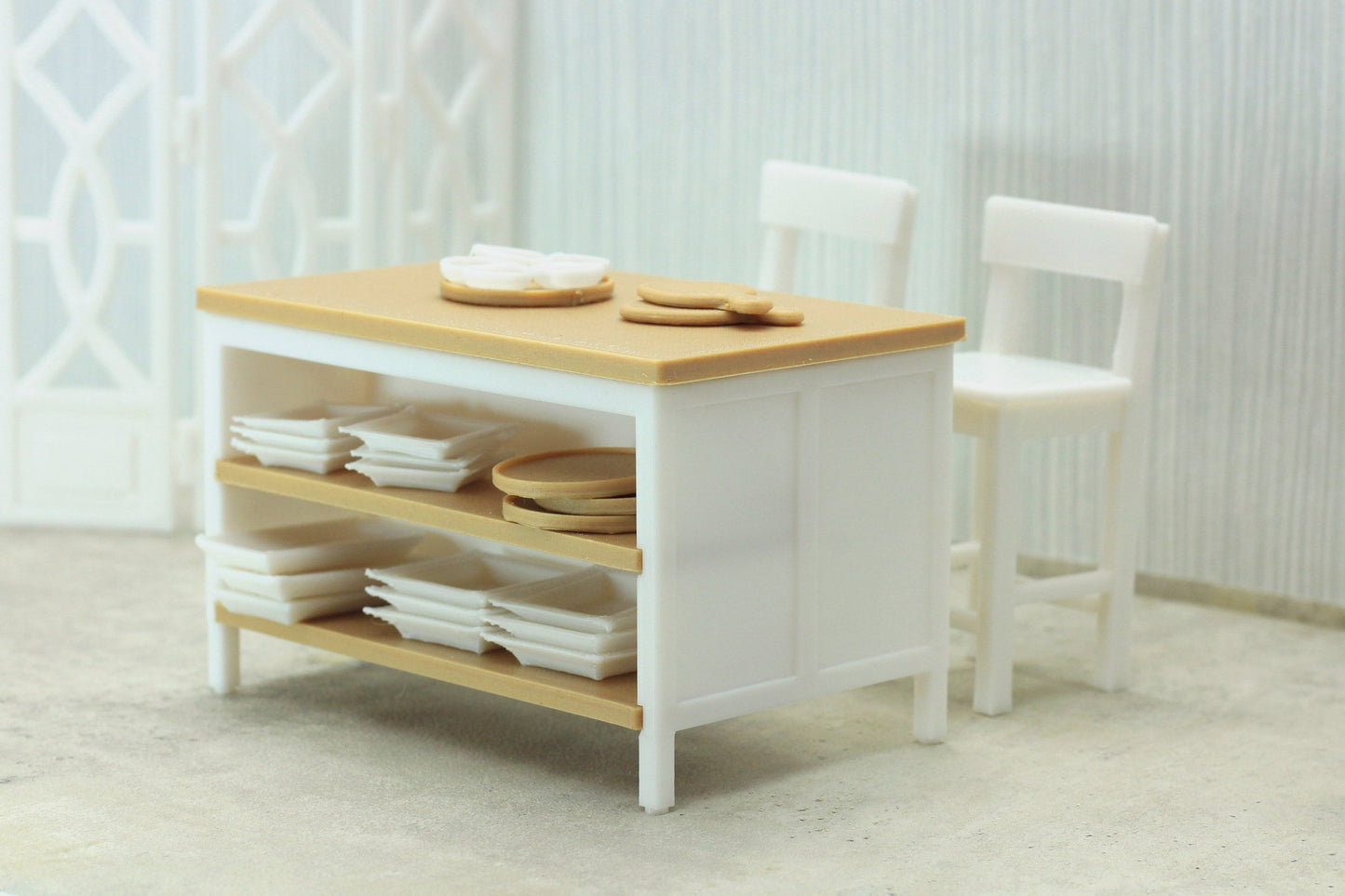 Kitchen Work Island with Stool | 1:12 Scale Dollhouse Furniture | 3D Printed Miniature