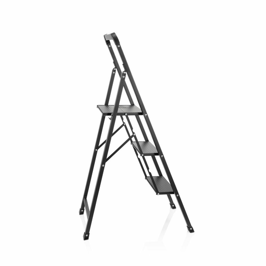 B-grade Hjh Office Folding Ladder Solid W6 Steel Aluminum Black With Handle