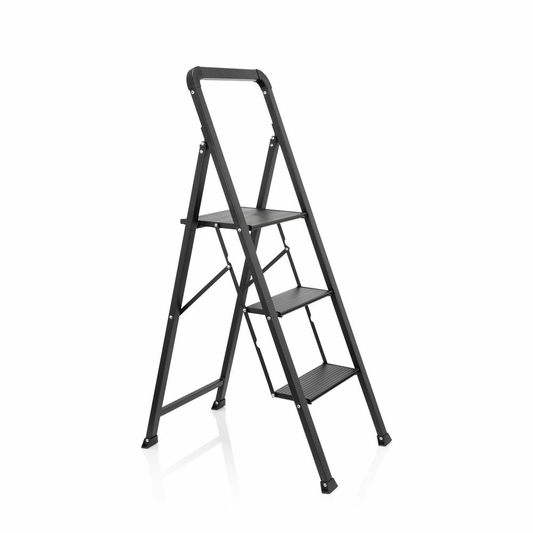 B-grade Hjh Office Folding Ladder Solid W6 Steel Aluminum Black With Handle